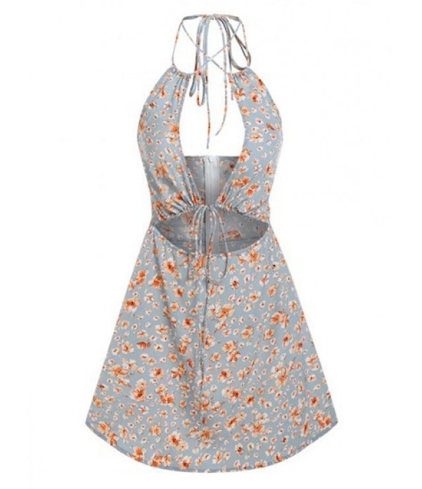 Flower Print Cutout Halter Dress