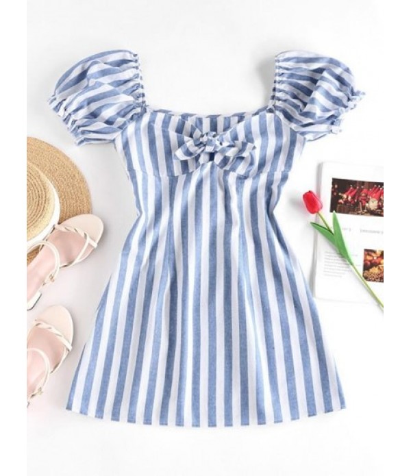 Striped Tied Ruffle Puff Sleeve Dress