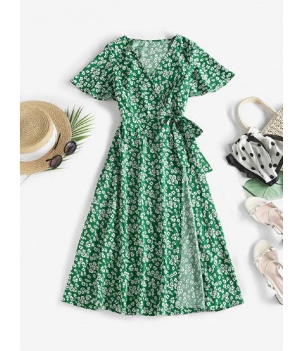 Flowing Tiny Floral Wrap Midi Dress