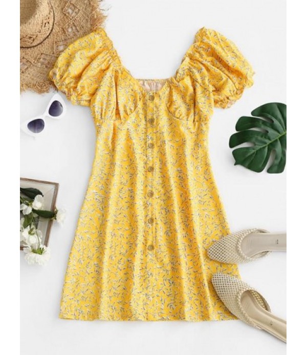 Leaf Print Frilled Button Down Milkmaid Dress