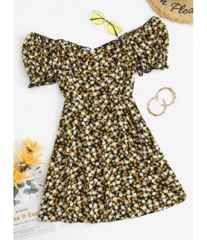 Flower Ruffle Puff Sleeve Smocked Dress