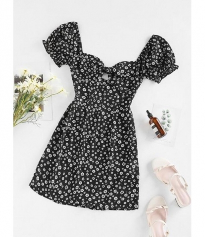 Flower Knotted Ruffle Puff Sleeve Lace Up Dress