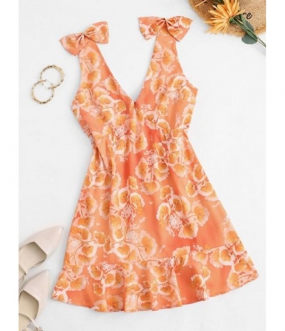 Empire Waist Floral Bowknot Mini Dress