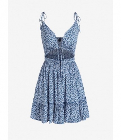 Ditsy Print Ruffle Cutout Tie Shoulder Dress