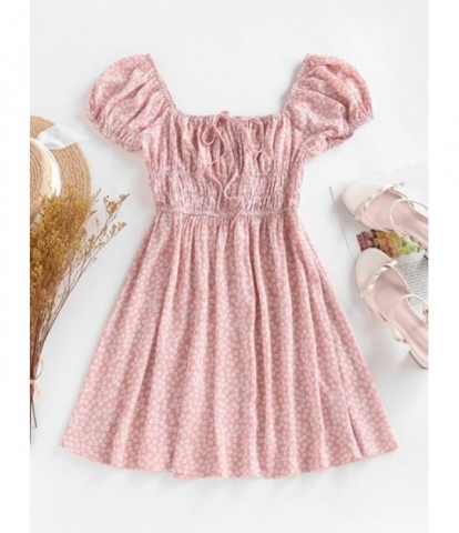 Ditsy Floral Ruched Puff Sleeve Milkmaid Dress