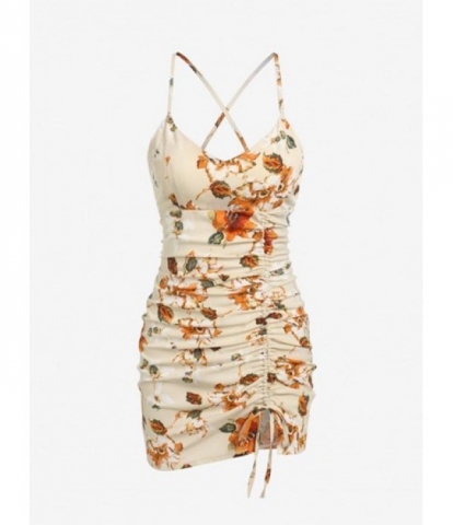 Cross Flower Print Cinched Slip Dress