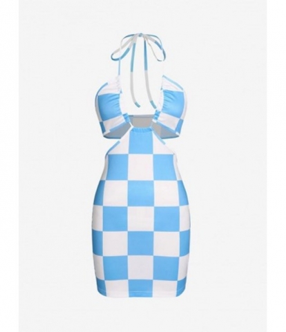 Checkerboard Print Halter Cutout Slinky Dress